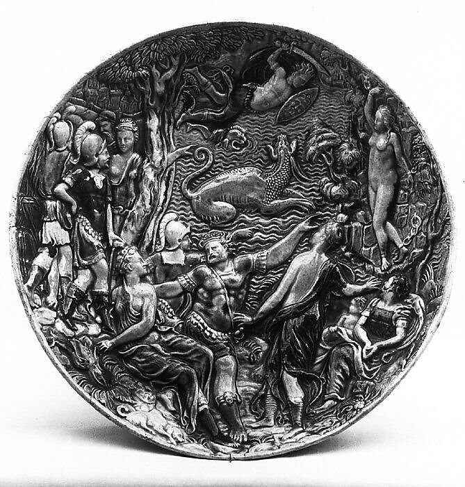 Dish with scene from myth of Perseus and Andromeda, Follower of Bernard Palissy (French, Agen, Lot-et-Garonne 1510–1590 Paris), Lead-glazed earthenware, French, Normandy 