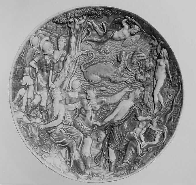 Dish with scene from myth of Perseus and Andromeda, Follower of Bernard Palissy (French, Agen, Lot-et-Garonne 1510–1590 Paris), Lead-glazed earthenware, French, Normandy