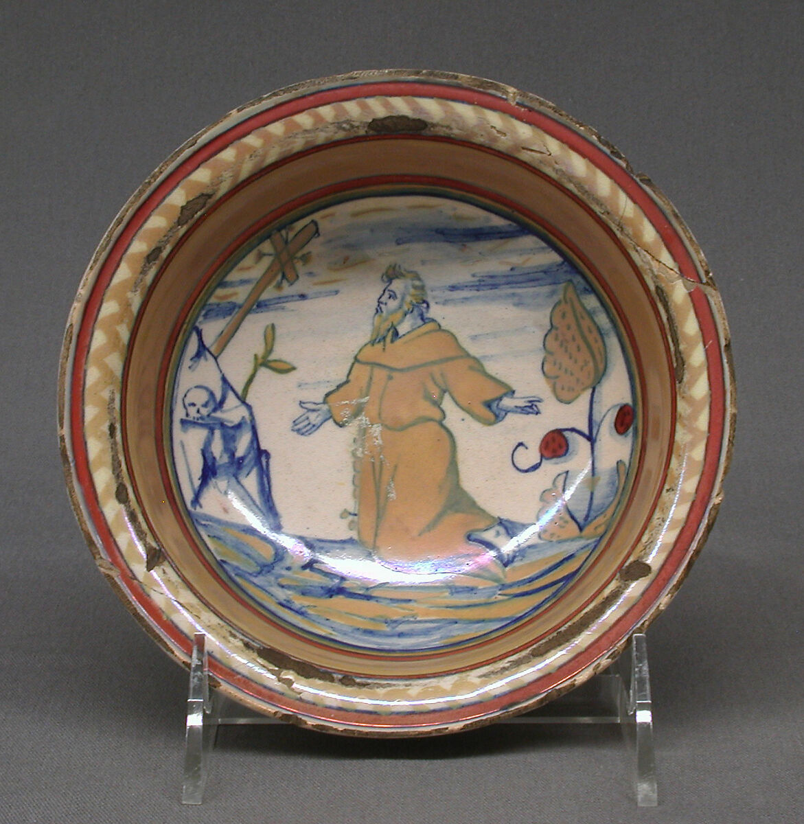 Bowl with Saint Francis receiving the stigmata, Maiolica (tin-glazed earthenware), lustered, Italian, Gubbio 