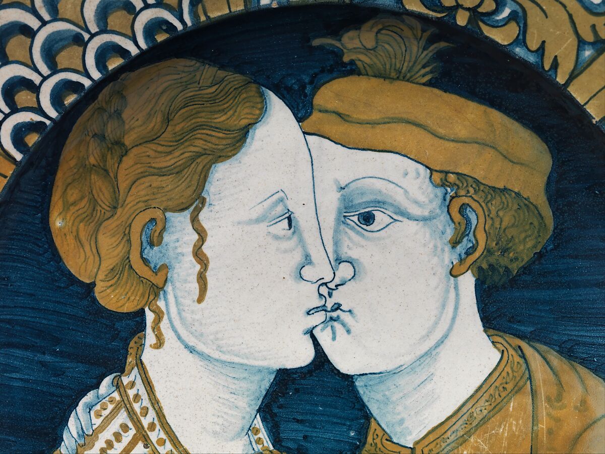 Dish with two lovers, Maiolica (tin-glazed earthenware), lustered, Italian, Deruta