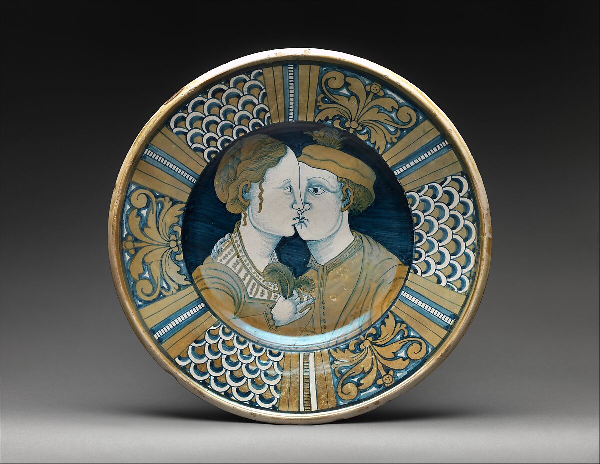 Dish with two lovers, Maiolica (tin-glazed earthenware), lustered, Italian, Deruta 