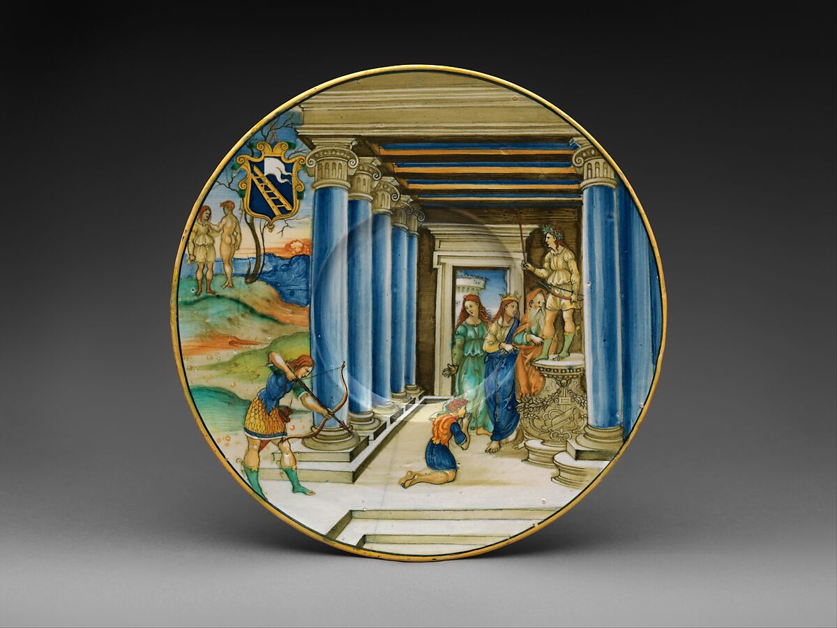 Plate with Paris Killing Achilles and arms of the Calini family, Nicolo da Gabriele Sbraghe (Italian, active by 1520–37/38), Maiolica (tin-glazed earthenware), Italian, Urbino 