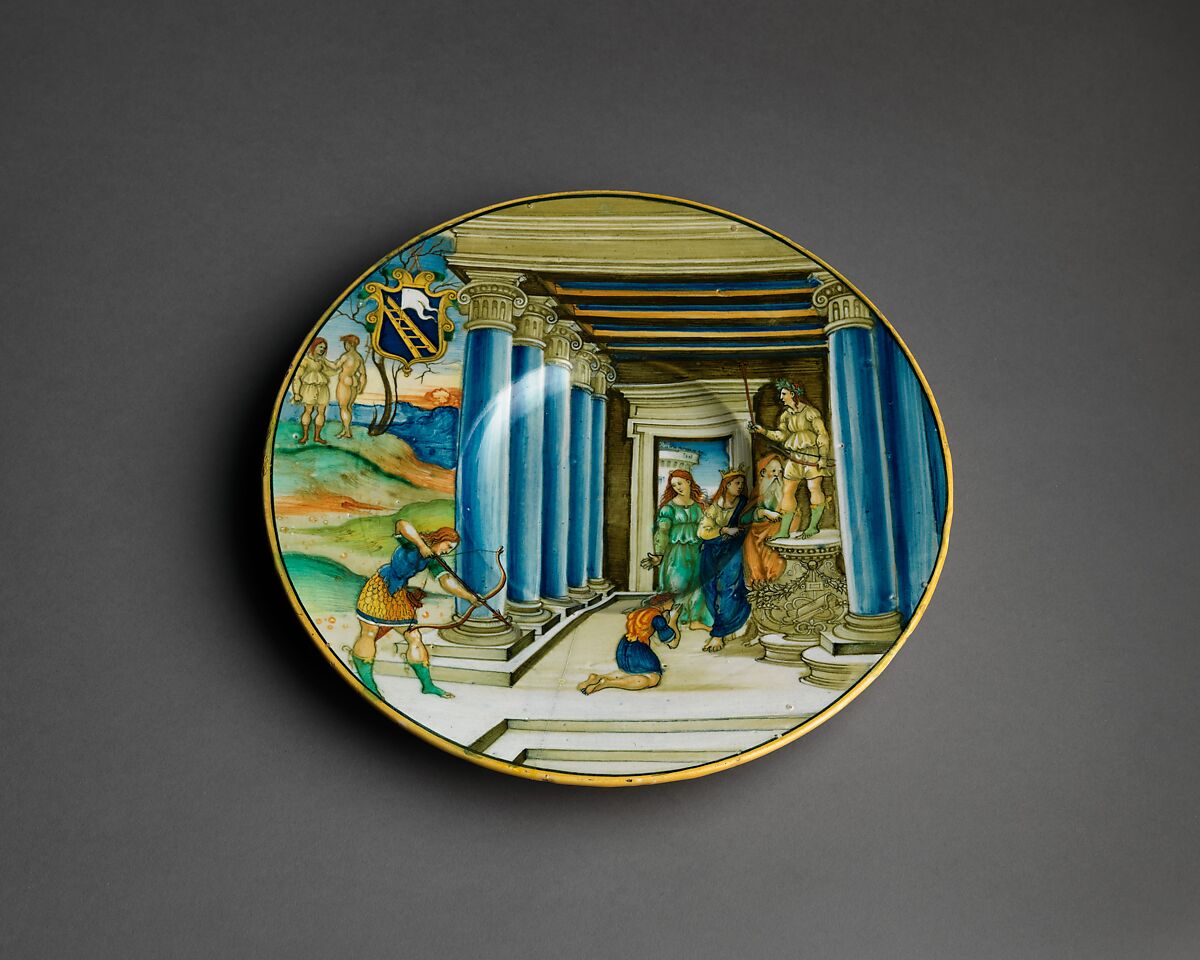 Plate with Paris Killing Achilles and arms of the Calini family, Nicolo da Gabriele Sbraghe (Italian, active by 1520–37/38), Maiolica (tin-glazed earthenware), Italian, Urbino