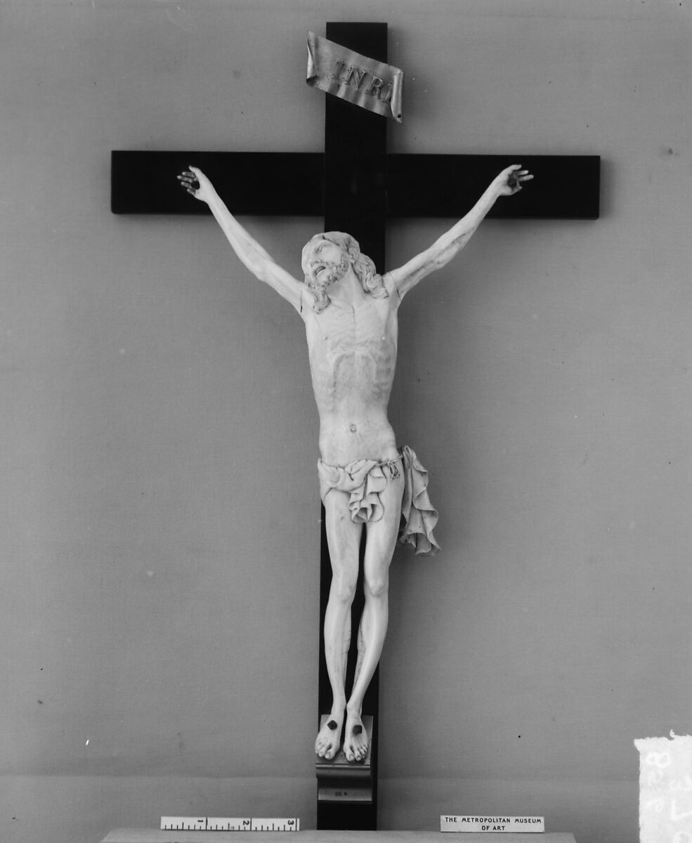 Crucifix, Figure: ivory; cross: ebony; scroll: brass (?), Spanish