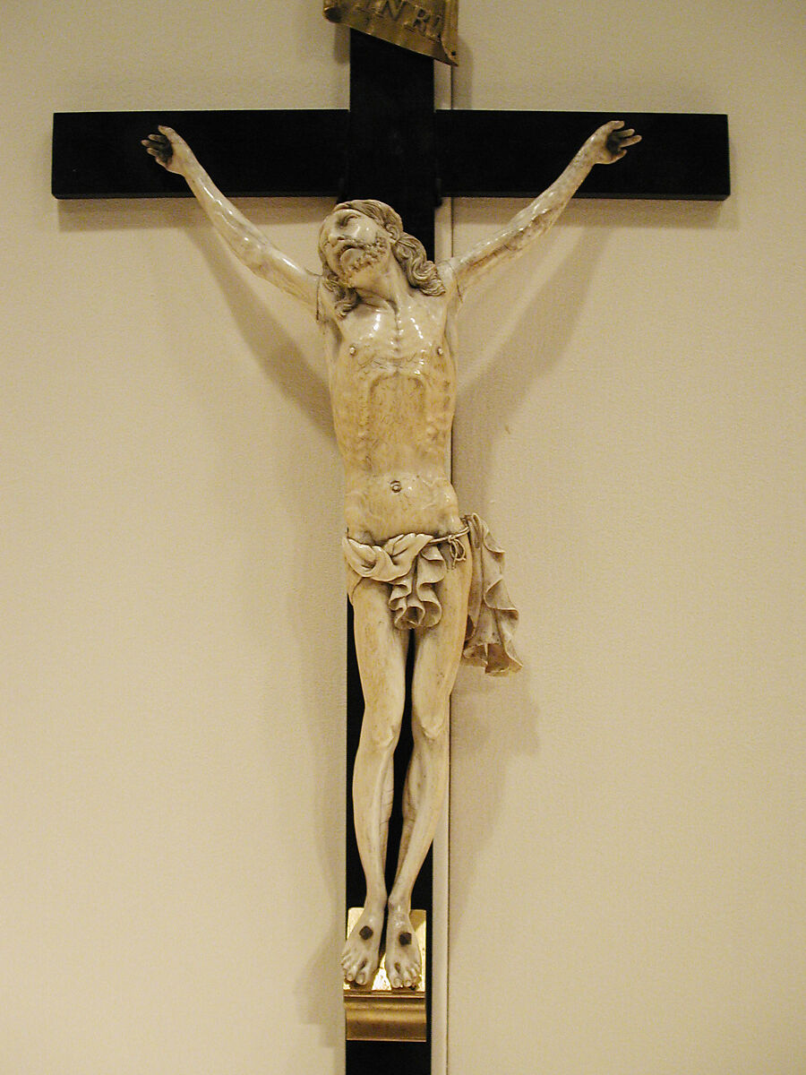 Crucifix, Figure: ivory; cross: ebony; scroll: brass (?), Spanish 