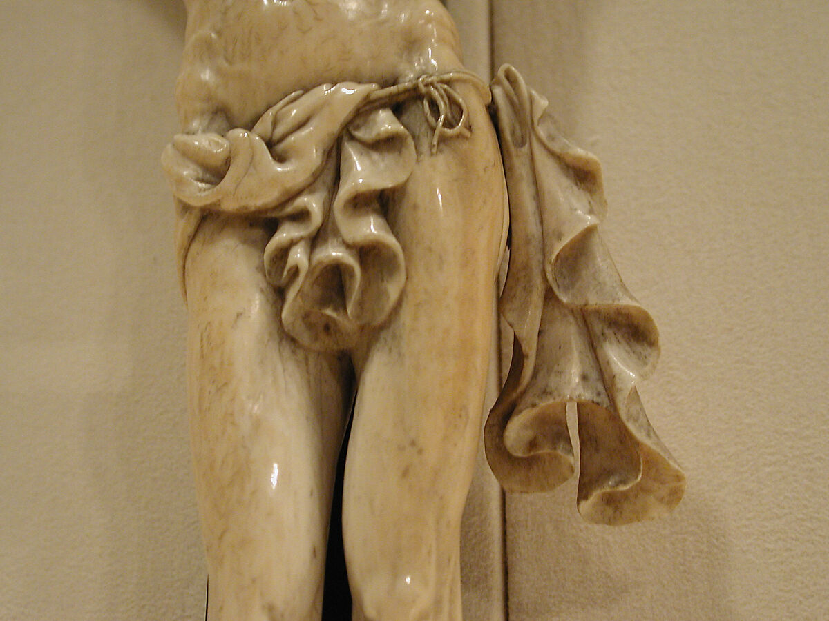 Crucifix, Figure: ivory; cross: ebony; scroll: brass (?), Spanish