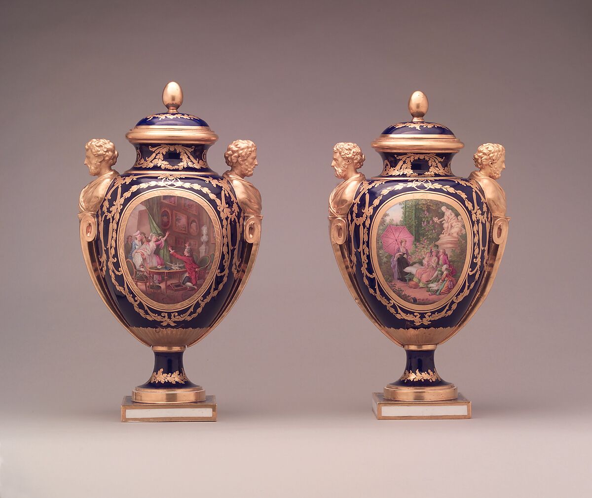 Vase with cover (vase des âges) (one of a pair), Sèvres Manufactory (French, 1740–present), Soft-paste porcelain decorated in polychrome enamels, gold, French, Sèvres