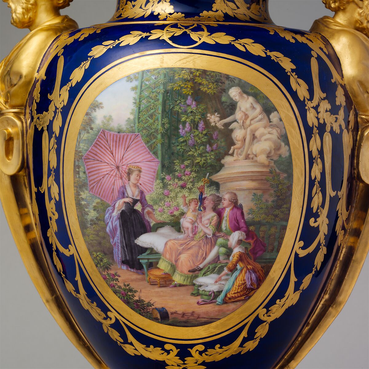 Vase with cover (vase des âges) (one of a pair), Sèvres Manufactory (French, 1740–present), Soft-paste porcelain decorated in polychrome enamels, gold, French, Sèvres
