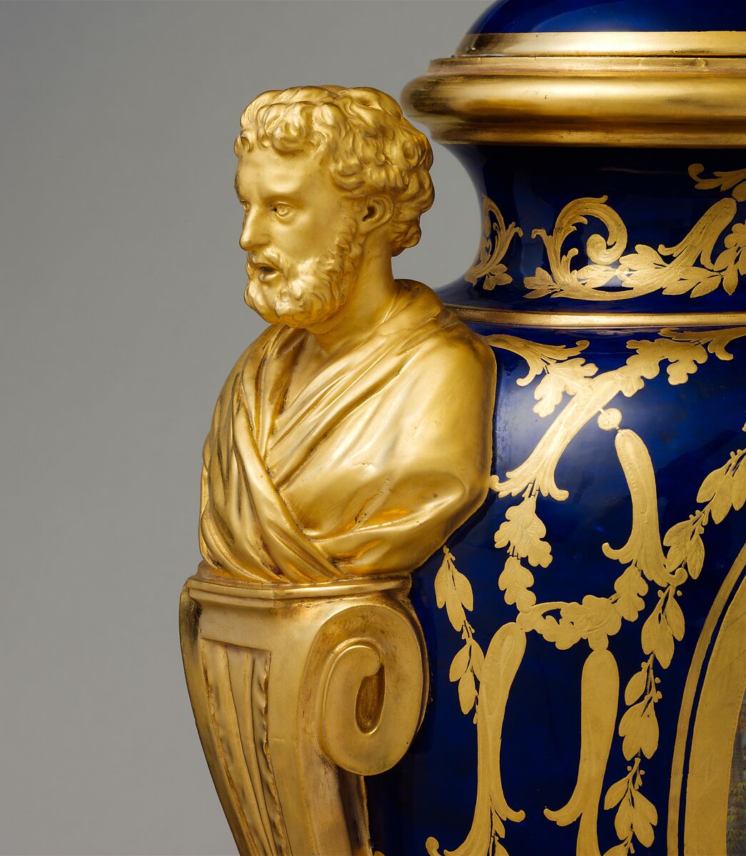 Vase with cover (vase des âges) (one of a pair), Sèvres Manufactory (French, 1740–present), Soft-paste porcelain decorated in polychrome enamels, gold, French, Sèvres