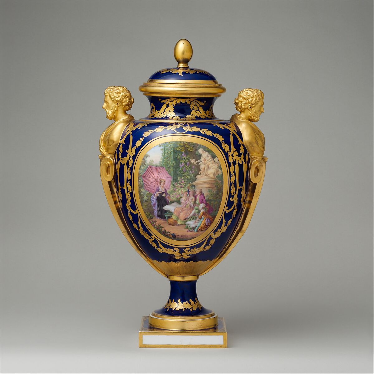 Vase with cover (vase des âges) (one of a pair), Sèvres Manufactory (French, 1740–present), Soft-paste porcelain decorated in polychrome enamels, gold, French, Sèvres 