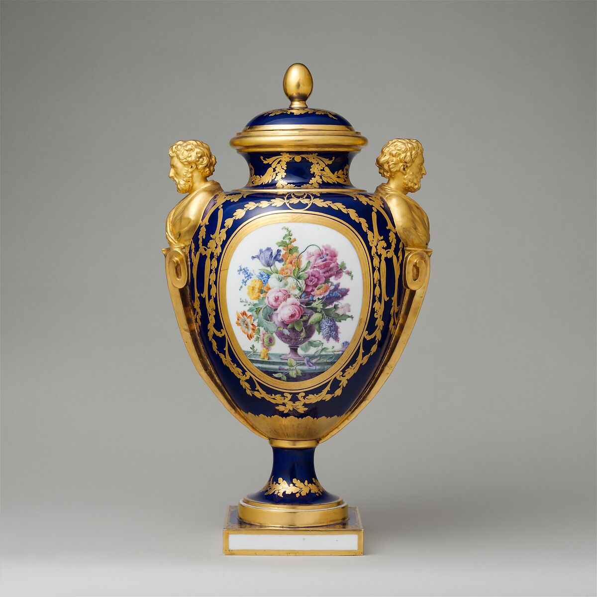 Vase with cover (vase des âges) (one of a pair), Sèvres Manufactory (French, 1740–present), Soft-paste porcelain decorated in polychrome enamels, gold, French, Sèvres
