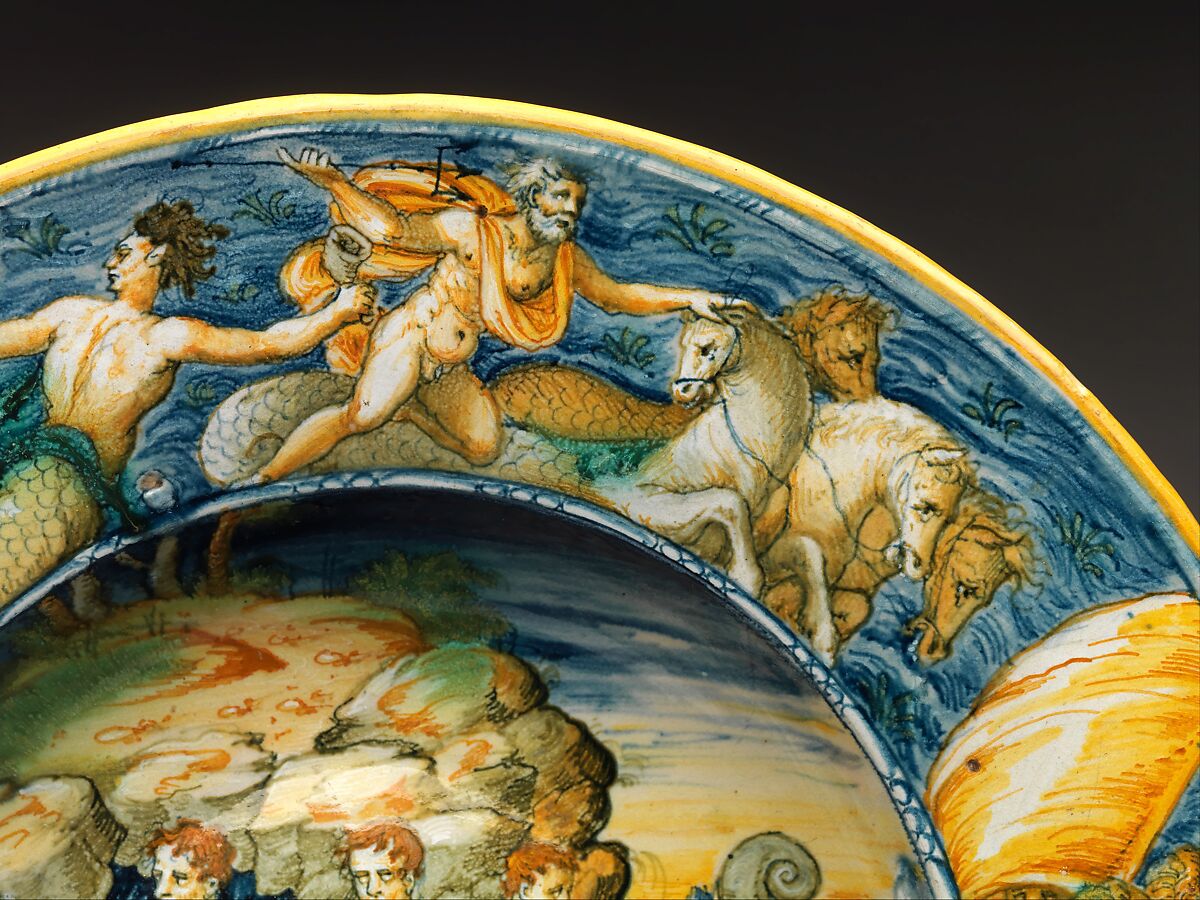 Dish Depicting Achelous and Theseus, Maestro Domenego da Venezia (Italian, active Venice, recorded from 1547, died 1570s or later), Maiolica (tin-glazed earthenware), Italian, Venice