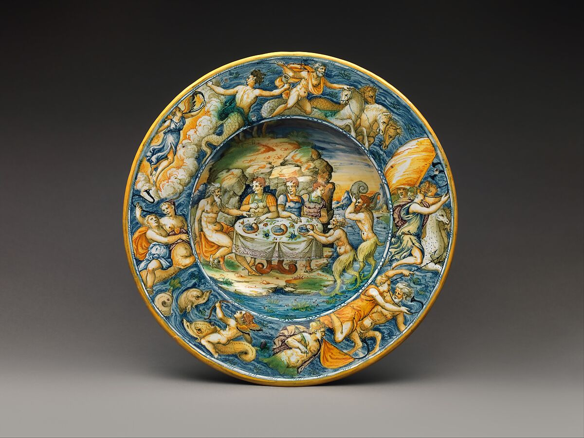 Dish Depicting Achelous and Theseus, Maestro Domenego da Venezia (Italian, active Venice, recorded from 1547, died 1570s or later), Maiolica (tin-glazed earthenware), Italian, Venice 