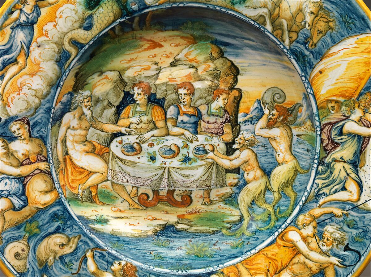 Dish Depicting Achelous and Theseus, Maestro Domenego da Venezia (Italian, active Venice, recorded from 1547, died 1570s or later), Maiolica (tin-glazed earthenware), Italian, Venice