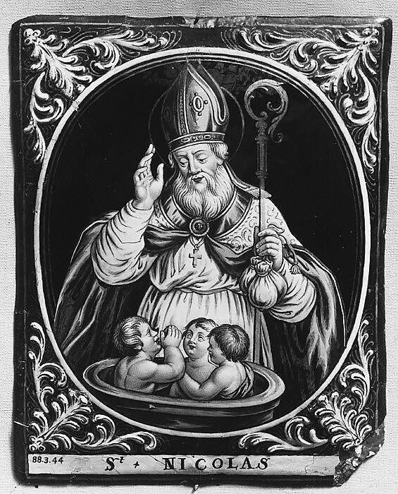 Saint Nicolas, Jacques II Laudin (ca. 1663–1729), Painted enamel on copper, partly gilt, French, Limoges 
