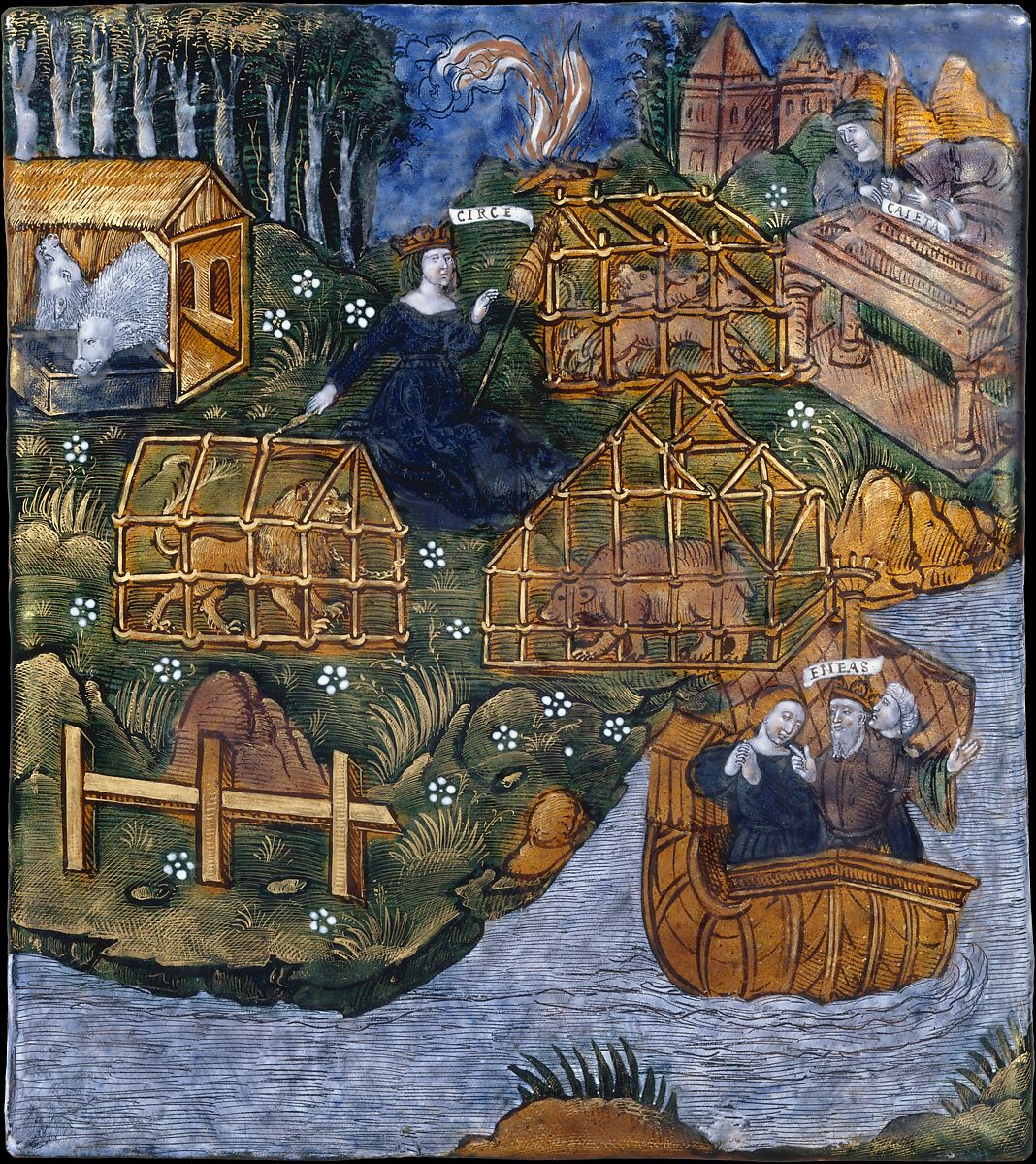 Aeneas Erects a Tomb to his Nurse, Caieta, and Flees the Country of Circe (Aeneid, Book VII), Master of the Aeneid, Painted enamel on copper, partly gilt, French, Limoges