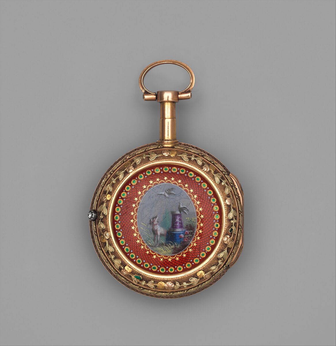 Watch with calendar, Watchmaker: Firm of Bordier Frères (recorded 1815–30), Case: varicolored gold, partly enameled; Dial: white enamel; Movement: brass and steel, Swiss, Geneva 