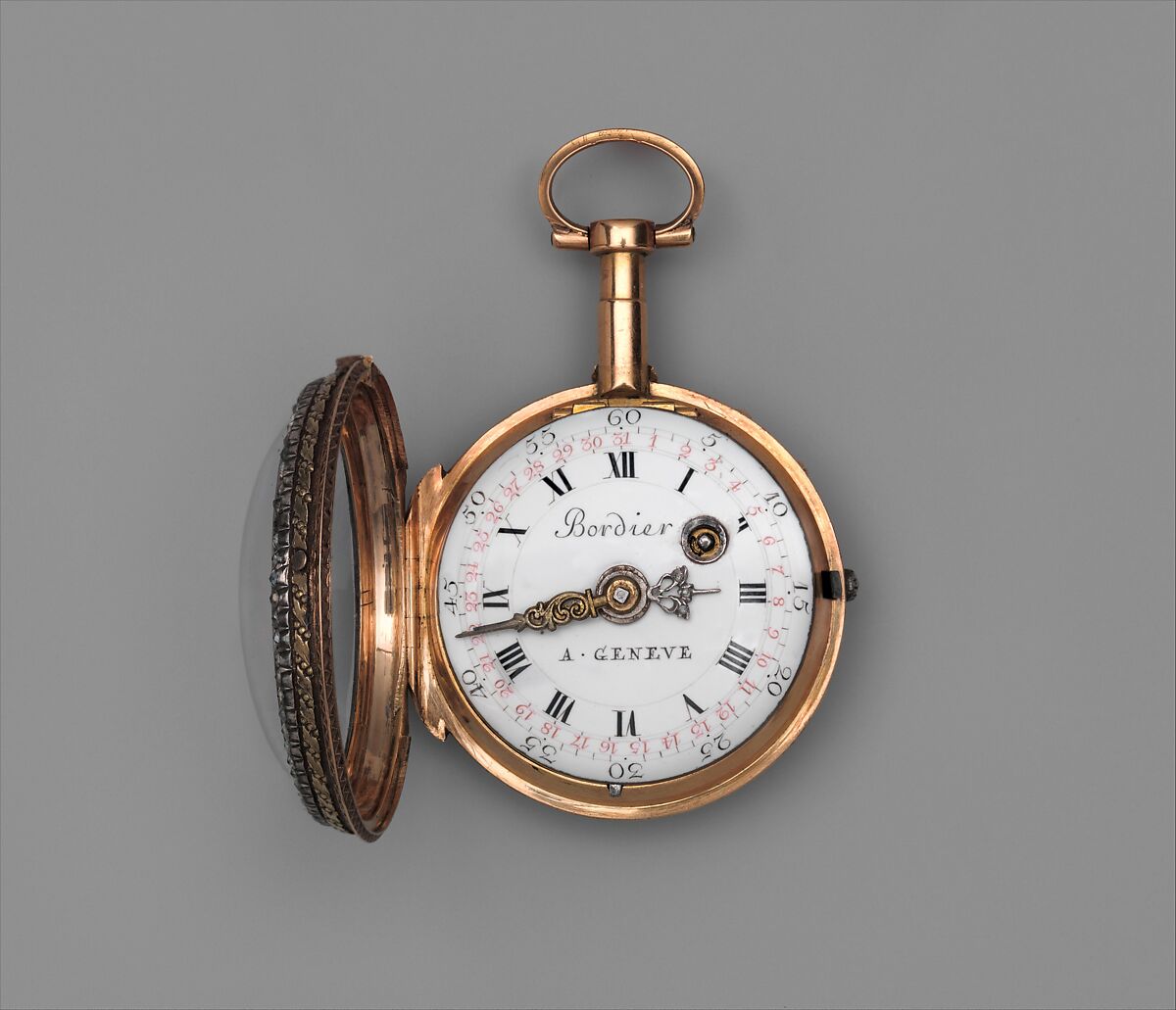 Watch with calendar, Watchmaker: Firm of Bordier Frères (recorded 1815–30), Case: varicolored gold, partly enameled; Dial: white enamel; Movement: brass and steel, Swiss, Geneva