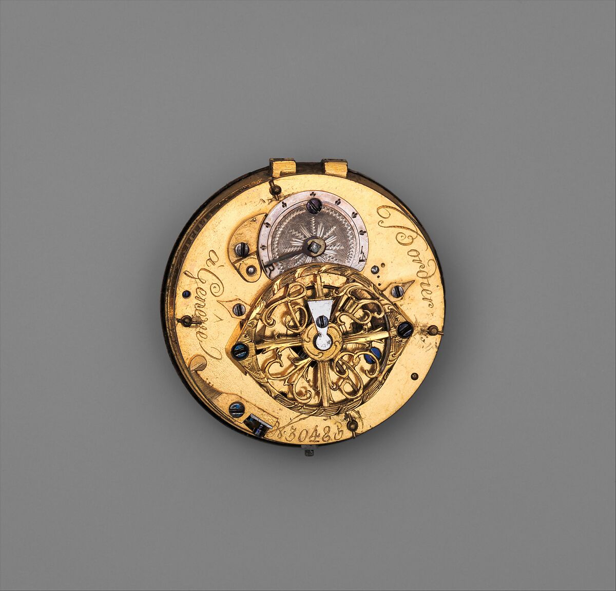 Watch with calendar, Watchmaker: Firm of Bordier Frères (recorded 1815–30), Case: varicolored gold, partly enameled; Dial: white enamel; Movement: brass and steel, Swiss, Geneva