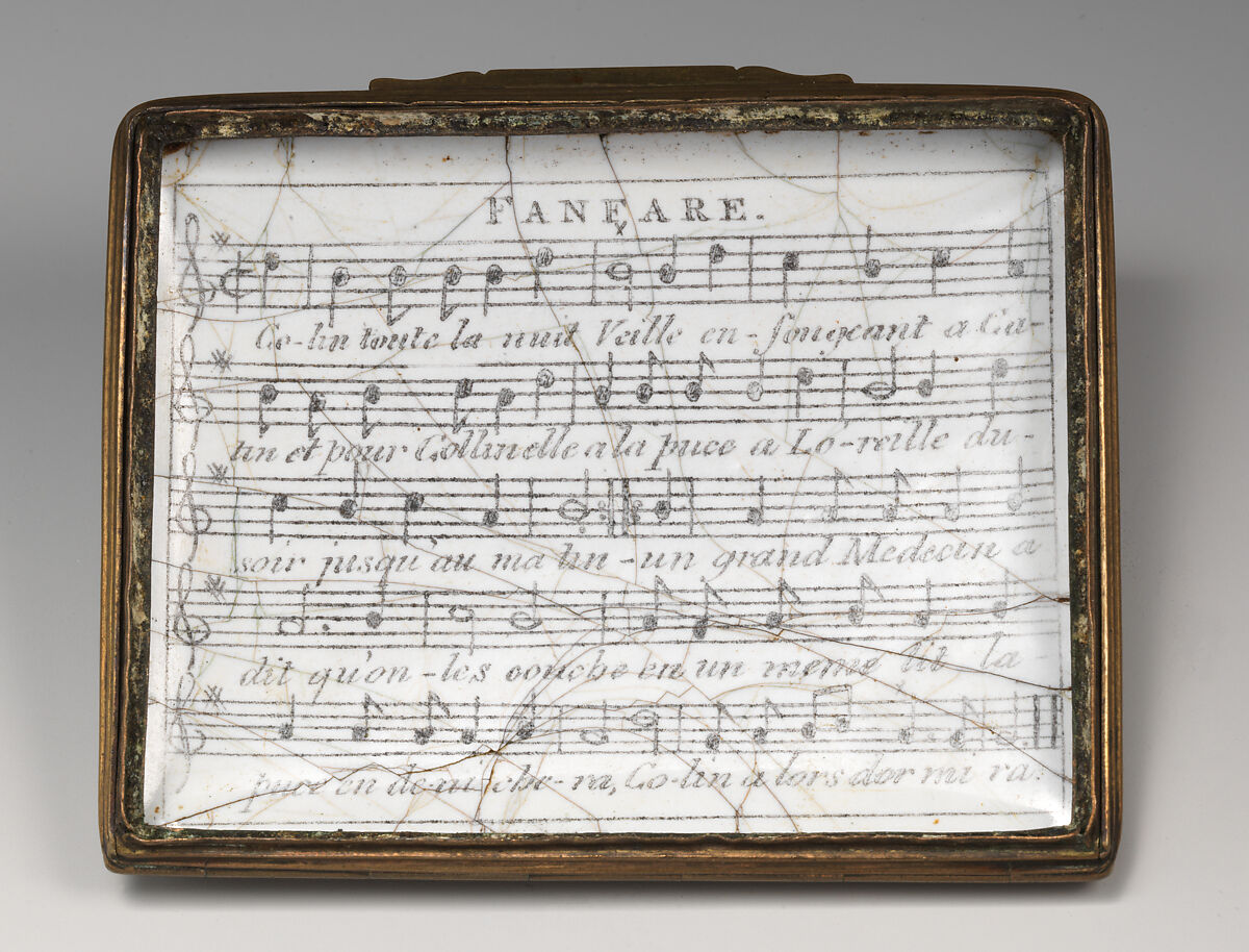 Snuffbox with music, possibly enameled by Anthony Tregent, Enamel on copper, British, possibly London, possibly Liverpool