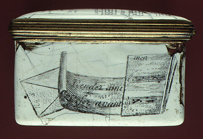 Snuffbox with music, possibly enameled by Anthony Tregent, Enamel on copper, British, possibly London, possibly Liverpool