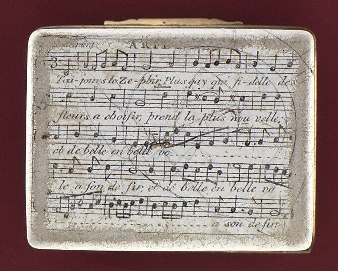 Snuffbox with music, possibly enameled by Anthony Tregent, Enamel on copper, British, possibly London, possibly Liverpool