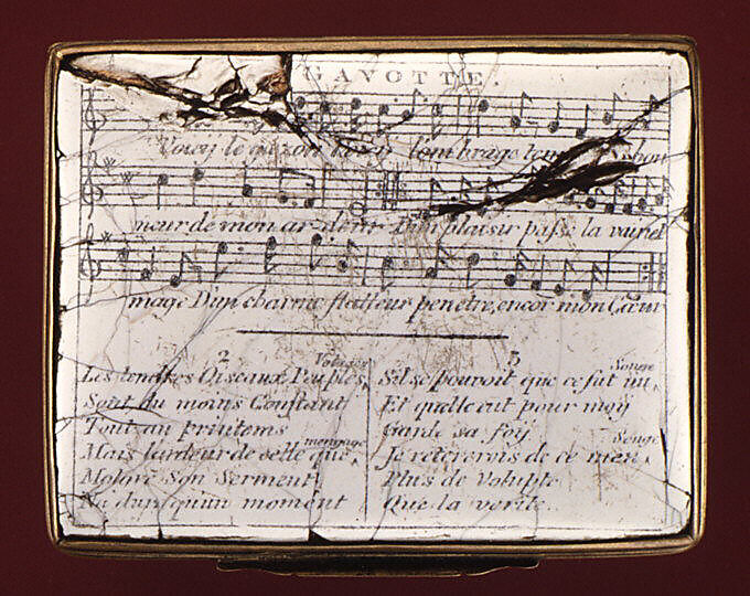 Snuffbox with music, possibly enameled by Anthony Tregent, Enamel on copper, British, possibly London, possibly Liverpool