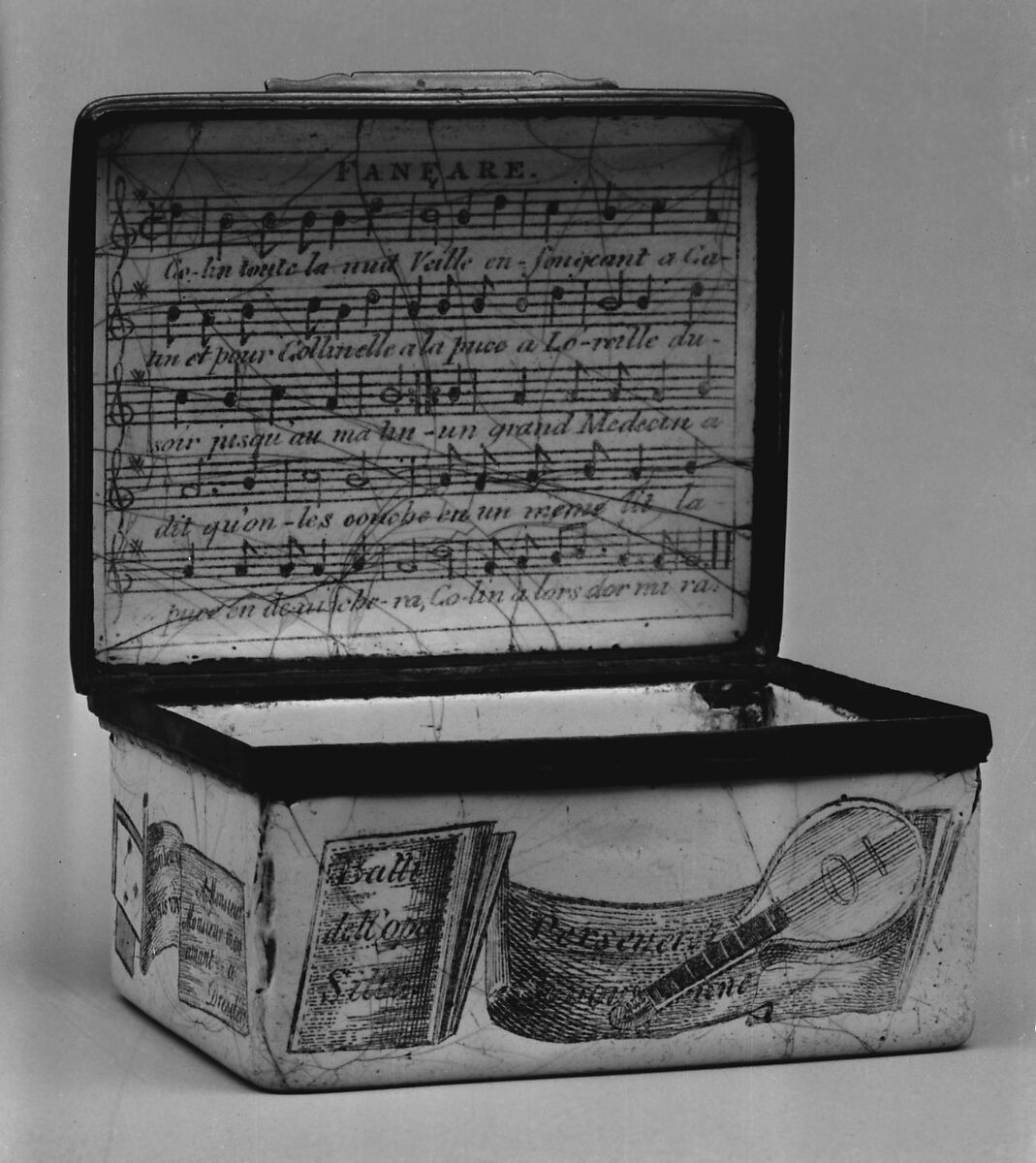 Snuffbox with music, possibly enameled by Anthony Tregent, Enamel on copper, British, possibly London, possibly Liverpool