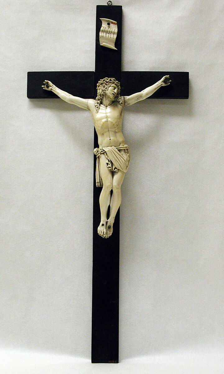 Crucifix, Figure and scroll: ivory; cross: wood, painted black; nails: iron, Italian 