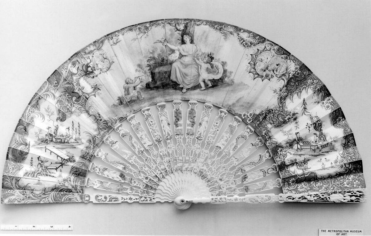 Fan, Leaf: painted paper; sticks and guards: pierced, carved, and gilt ivory with applied mother-of-pearl; foil, German 