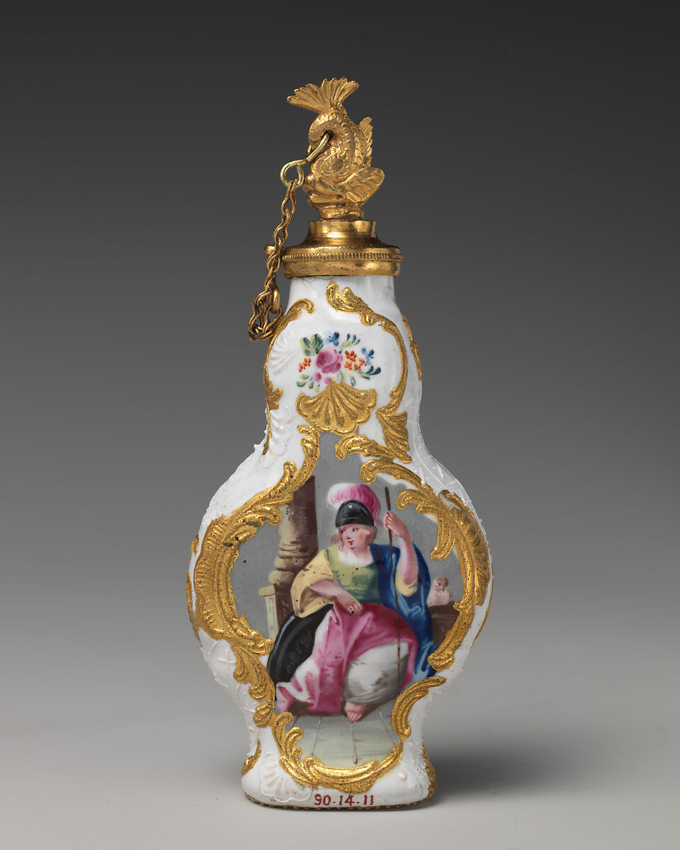 Scent bottle with Minerva and Mercury, Enameled copper, British, South Staffordshire