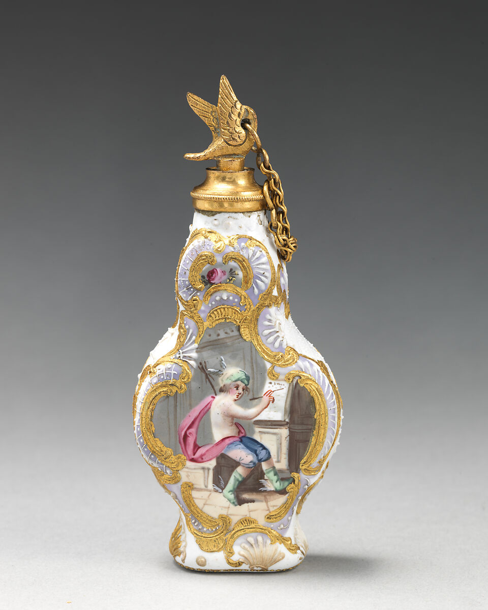 Scent bottle with Minerva and Mercury, Copper, enamel, British, South Staffordshire