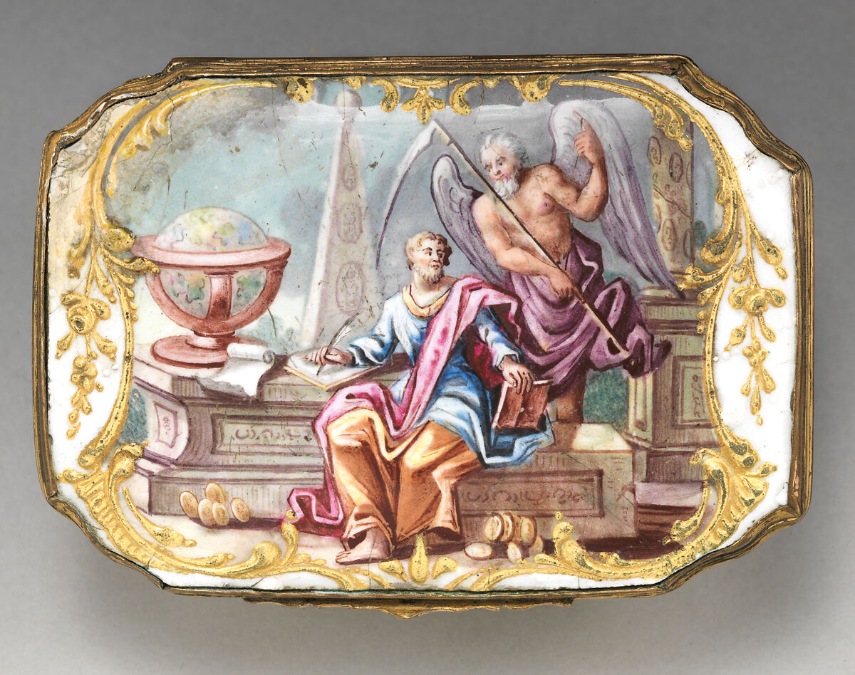 Snuffbox with allegorical figures of History and Time, Copper, enamel, British, South Staffordshire