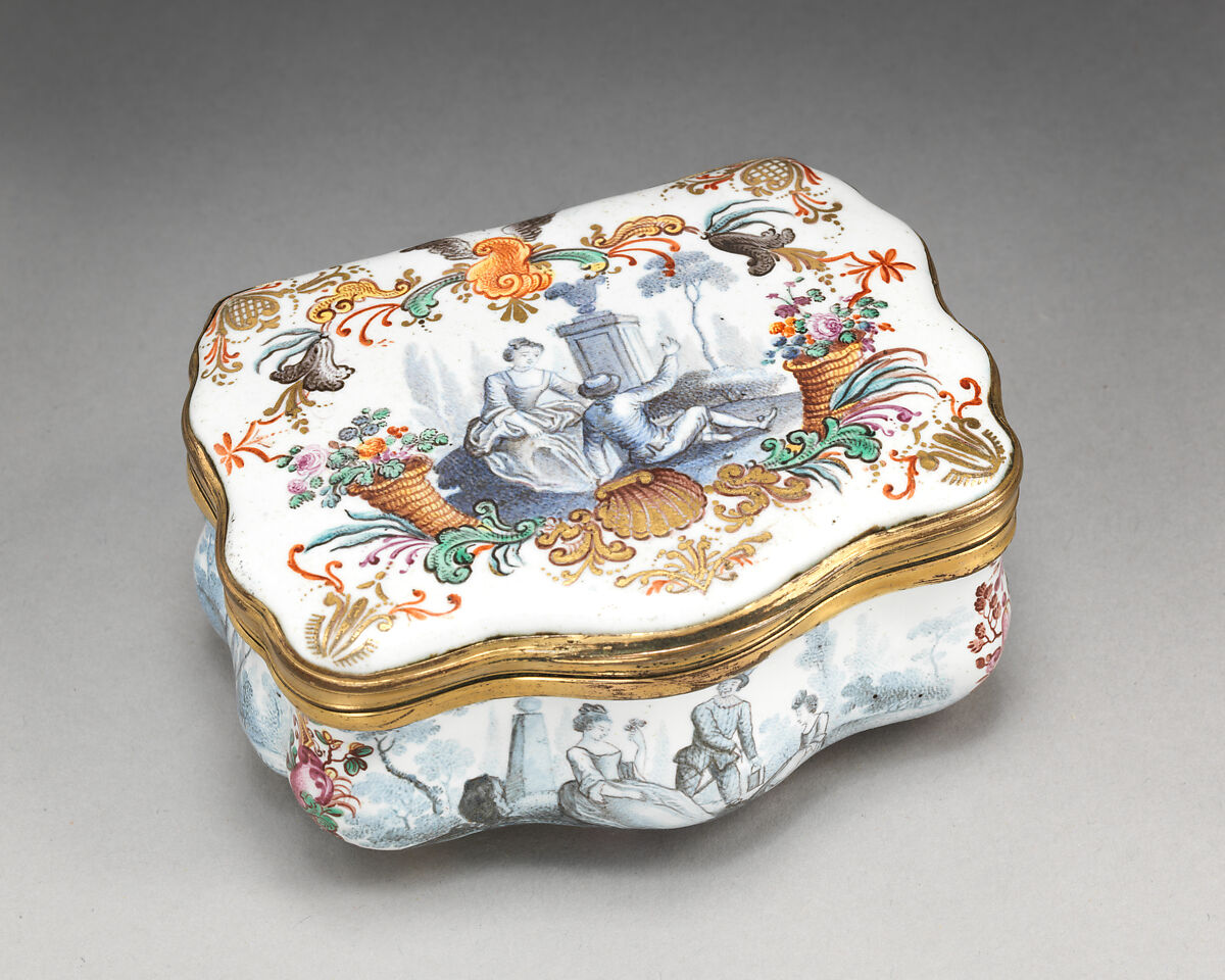 Snuffbox, Painted enamel on copper, partly gilt; copper-gilt mounts, German 