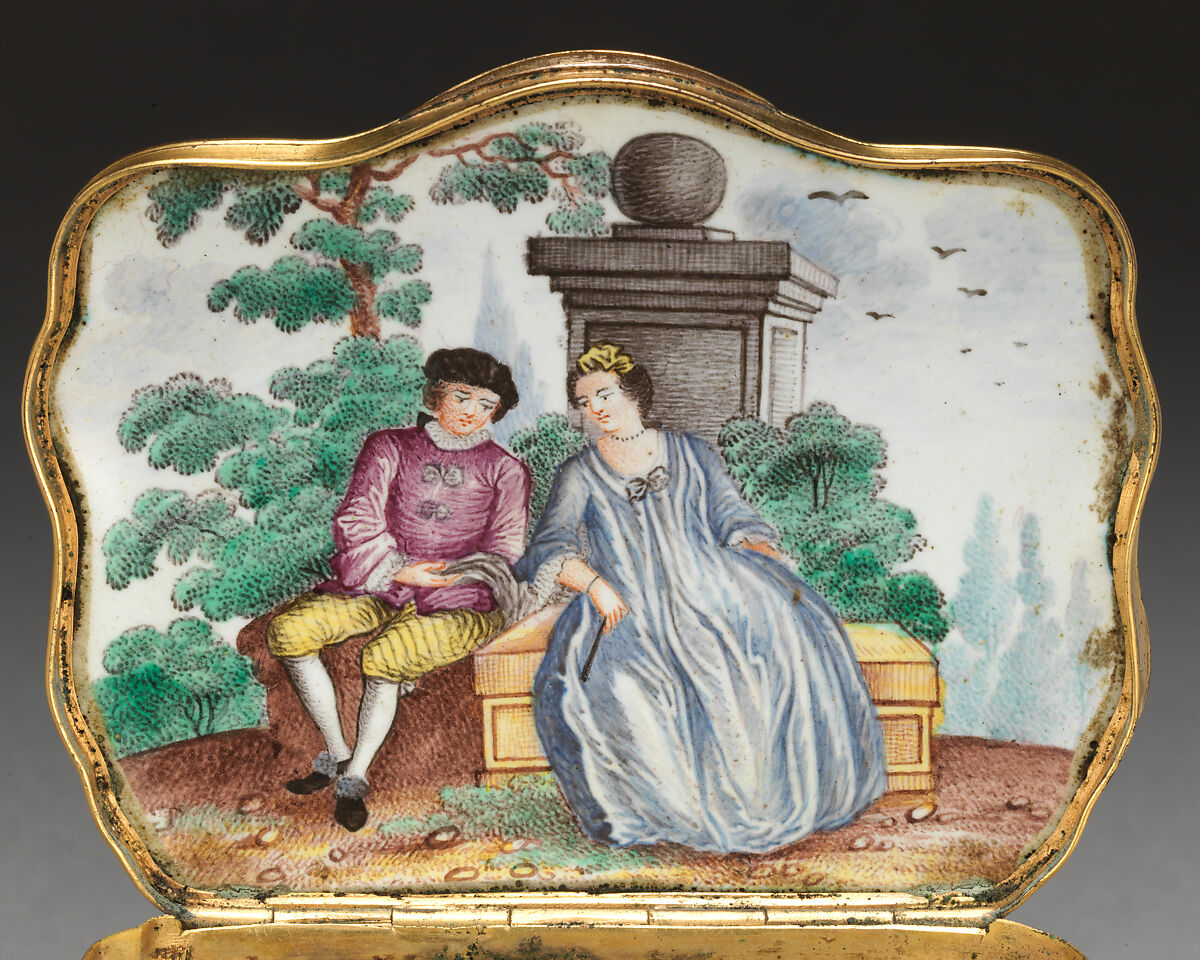 Snuffbox, Painted enamel on copper, partly gilt; copper-gilt mounts, German