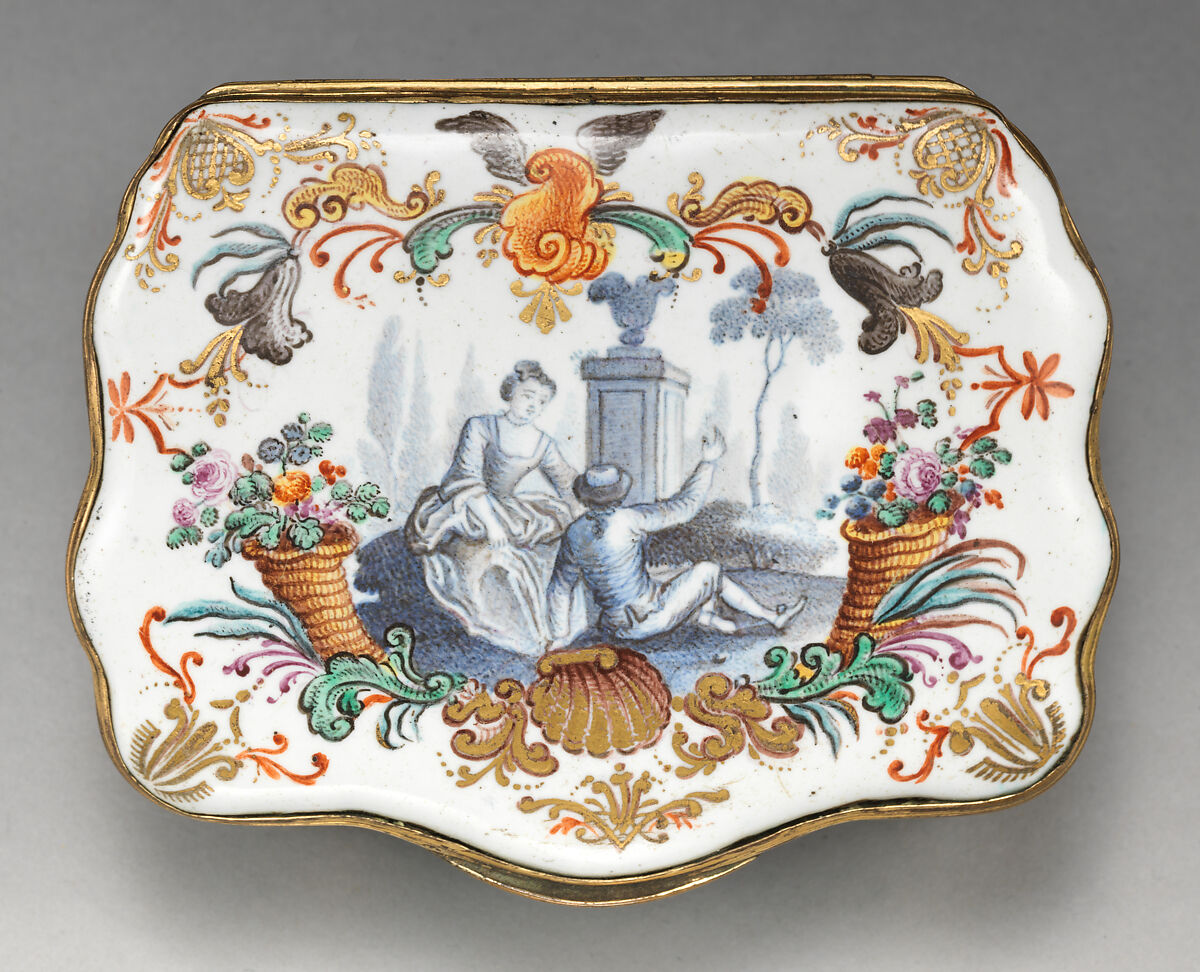 Snuffbox, Painted enamel on copper, partly gilt; copper-gilt mounts, German