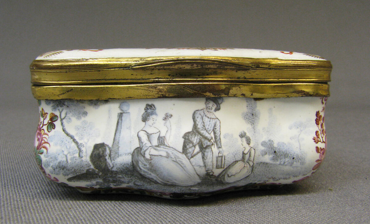 Snuffbox, Painted enamel on copper, partly gilt; copper-gilt mounts, German