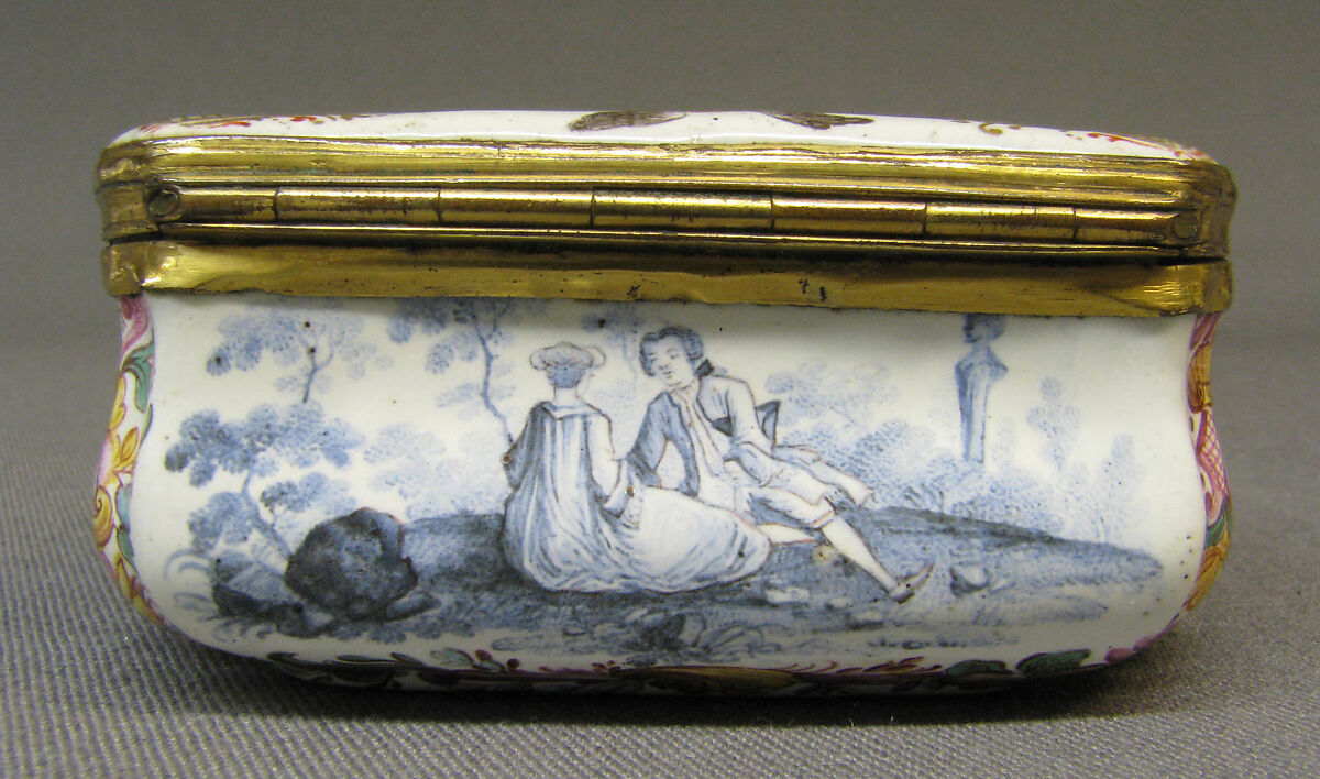 Snuffbox, Painted enamel on copper, partly gilt; copper-gilt mounts, German
