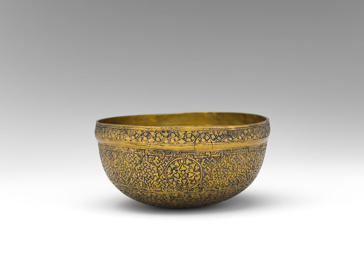 Bowl with cover, Brass inlaid with silver, Italian, Venice