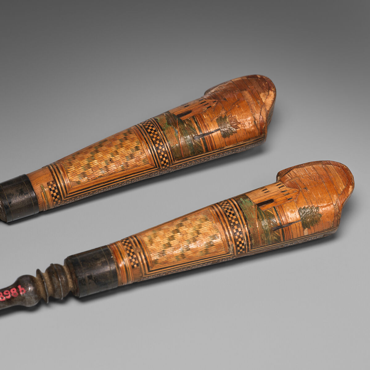 Knife, fork and scabbard, Straw on wood, and steel, possibly Italian