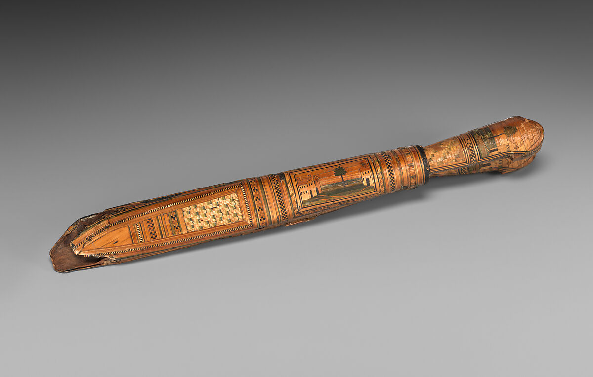 Knife, fork and scabbard, Straw on wood, and steel, possibly Italian