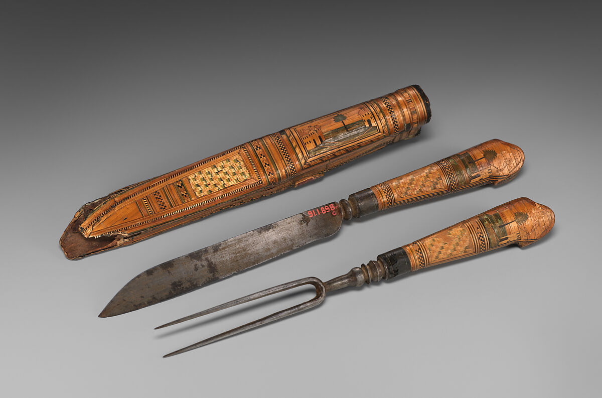 Knife, fork and scabbard, Straw on wood, and steel, possibly Italian 