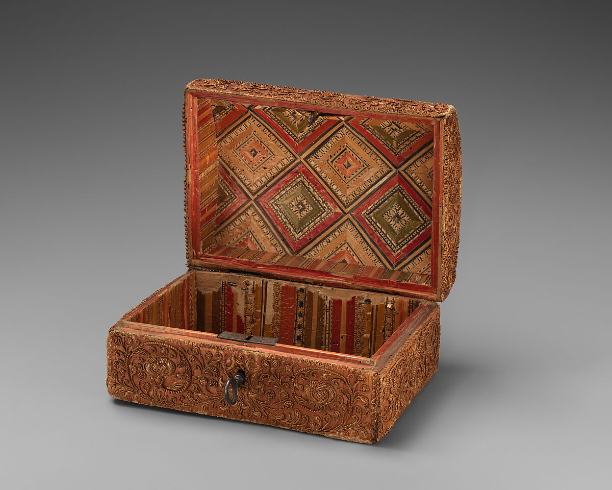 Casket, Straw on wood, canvas, marbled paper, linen (?) thread, French