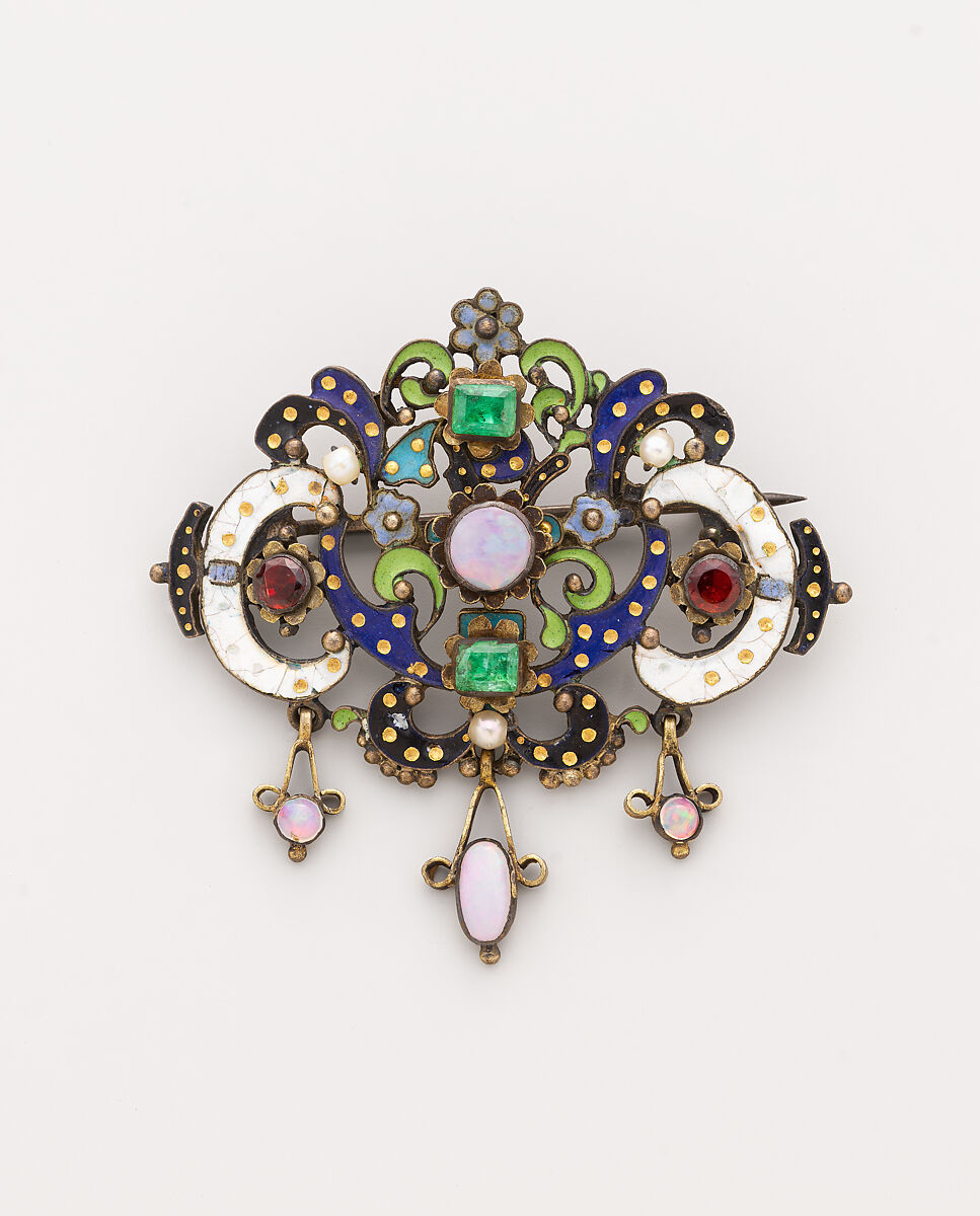 Clasp or brooch, Silver-gilt, enamel, emeralds, garnets, pearls, opals, possibly Austrian 