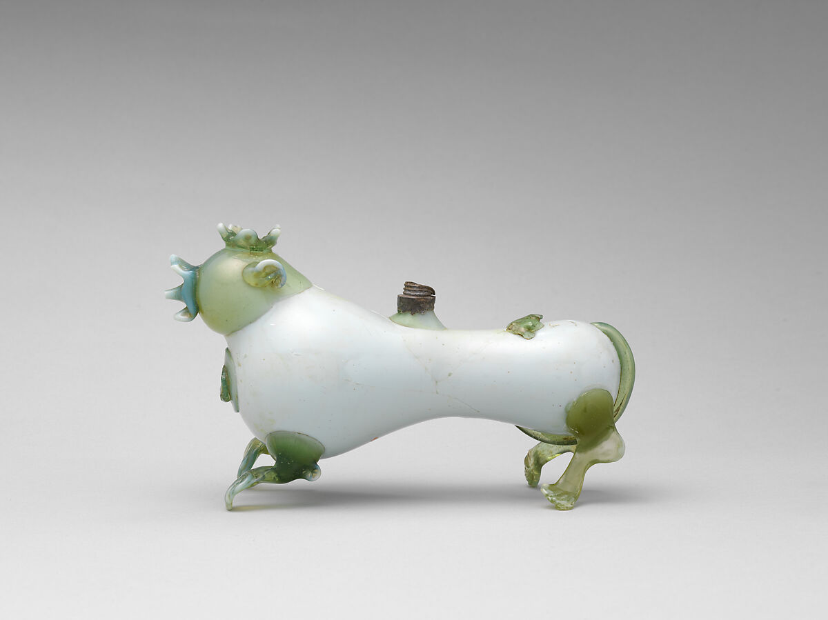 Bottle, Milk glass; pewter, probably German