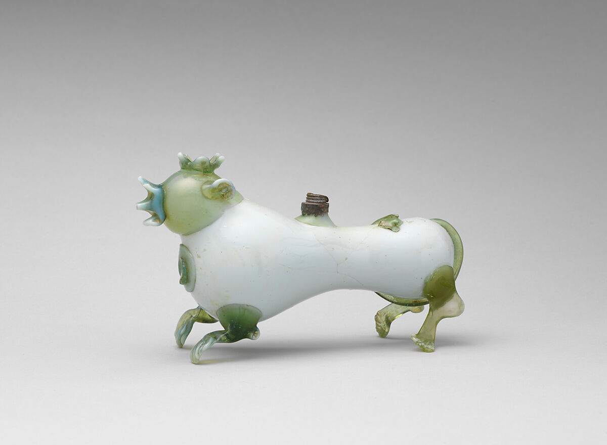 Bottle, Milk glass; pewter, probably German