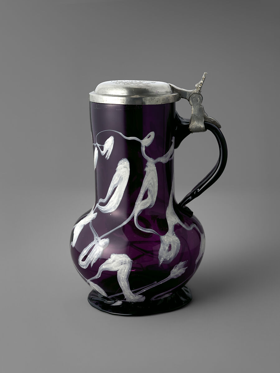 Tankard, Glass; blown, applied and marvered decoration; pewter mount, probably South German