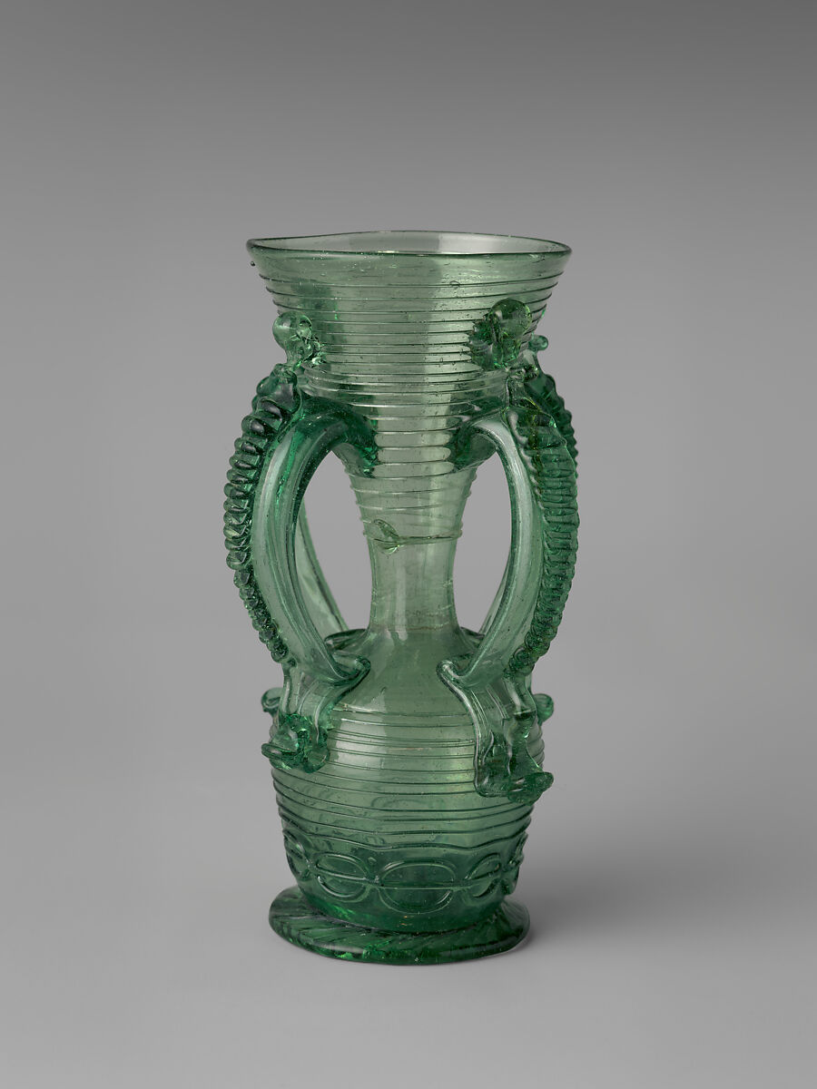 Vase, Glass; blown, applied and crimped decoration, Spanish, Almería or Granada