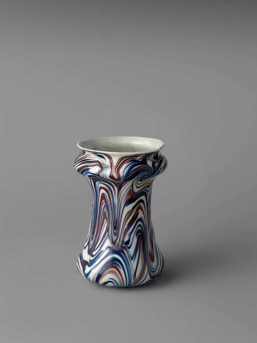 Pharmacy jar (albarello), Glass; blown, marbleized decoration, possibly Italian, Venice (Murano) or possibly French, façon de Venise