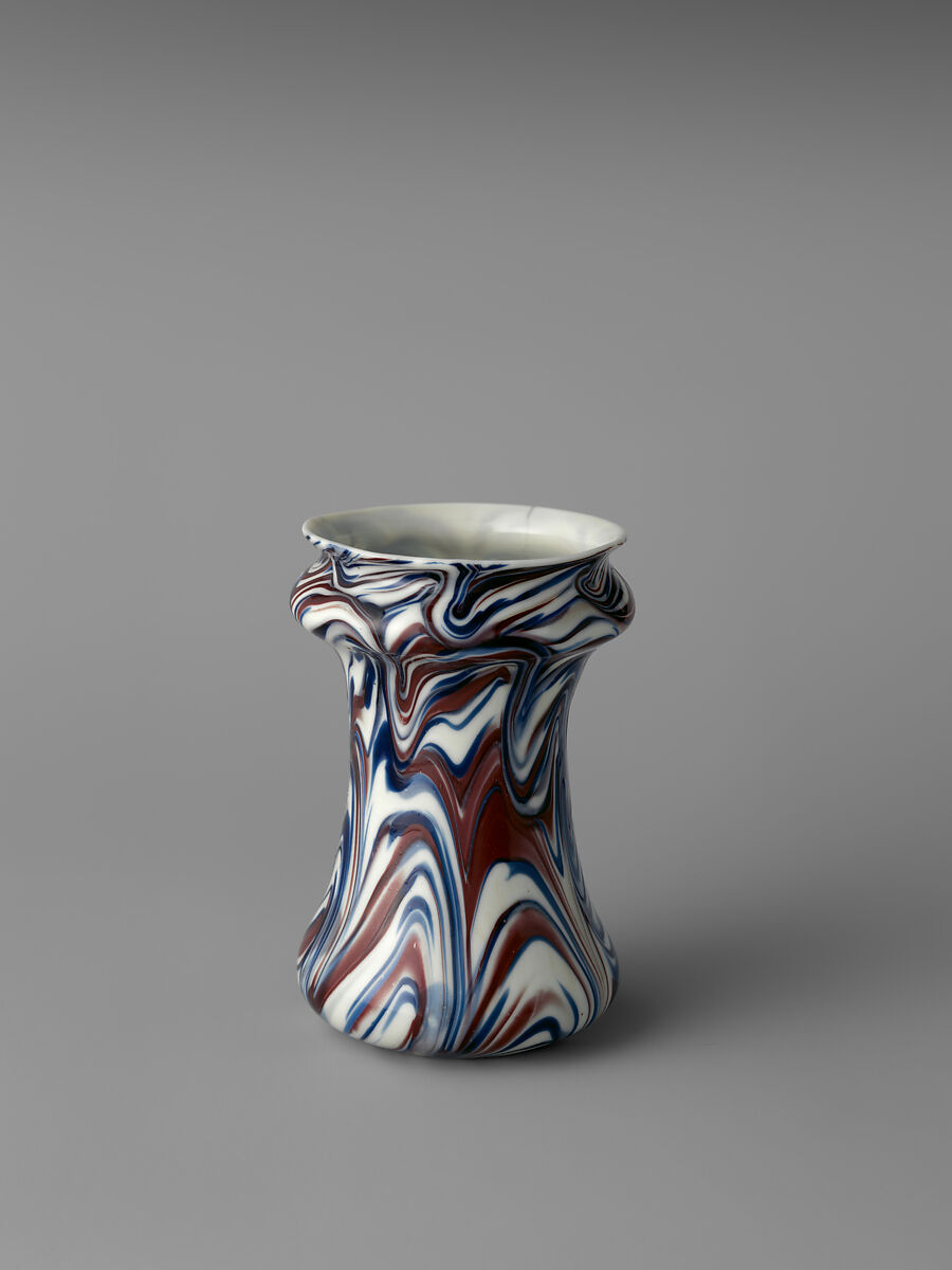 Pharmacy jar (albarello), Glass; blown, marbleized decoration, possibly Italian, Venice (Murano) or possibly French, façon de Venise